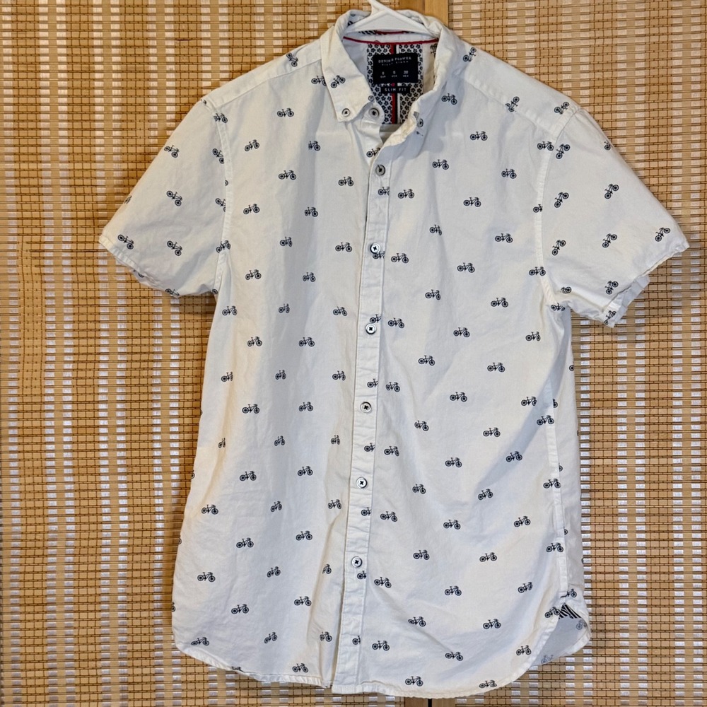 Denim & Flower Mens Slim Fit Bicycle Print Short Sleeve Button Down Shirt Small